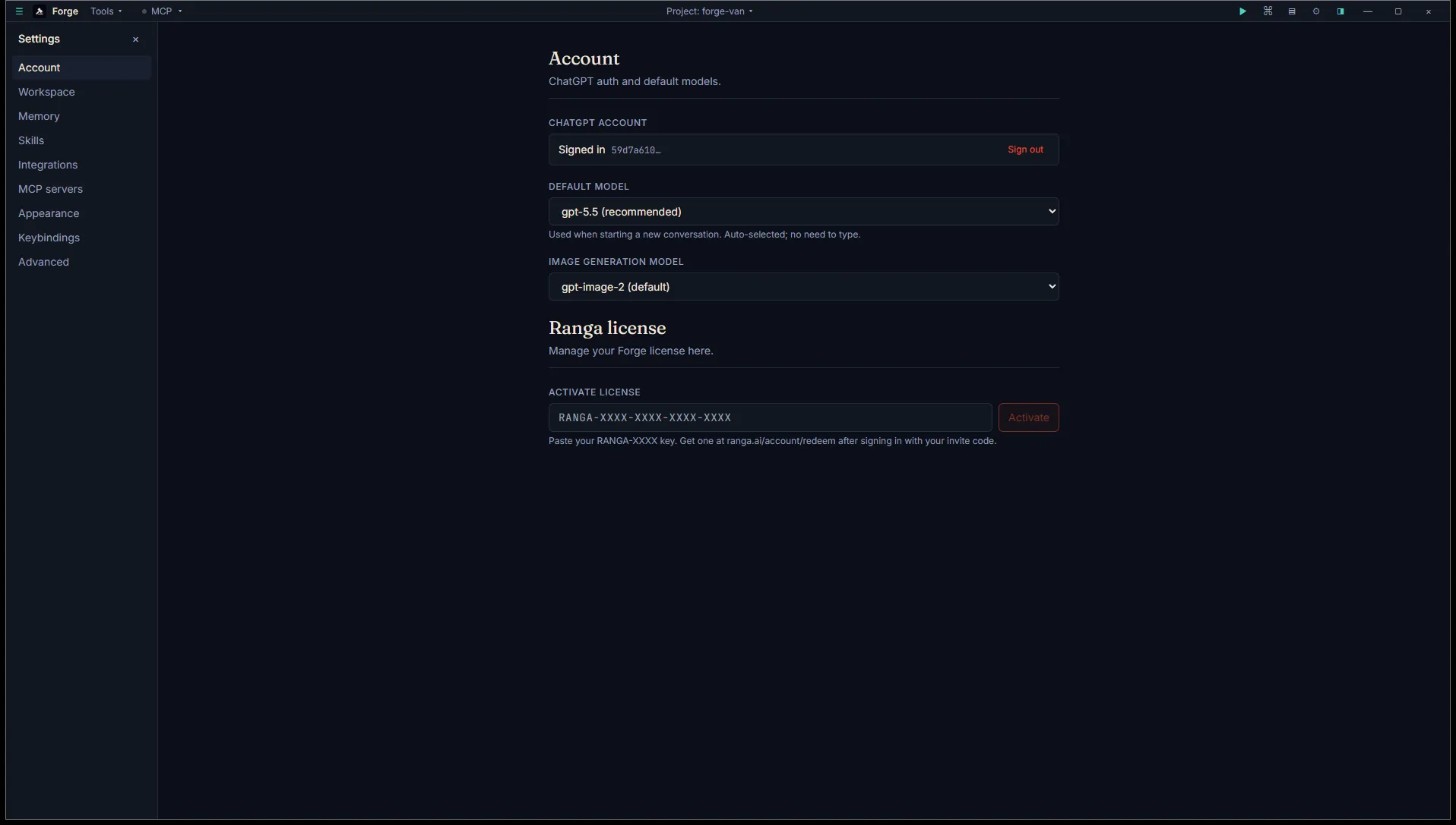 Settings → Account showing ChatGPT signed-in status, default model picker, image model picker, and Ranga license activator