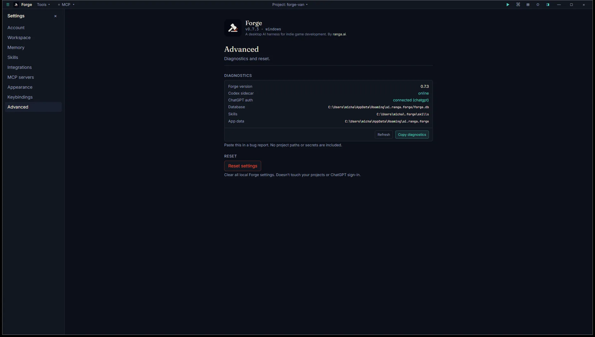 Settings → Advanced with the Forge brand mark, version + platform, and the diagnostics card showing sidecar online, ChatGPT connected, and key paths
