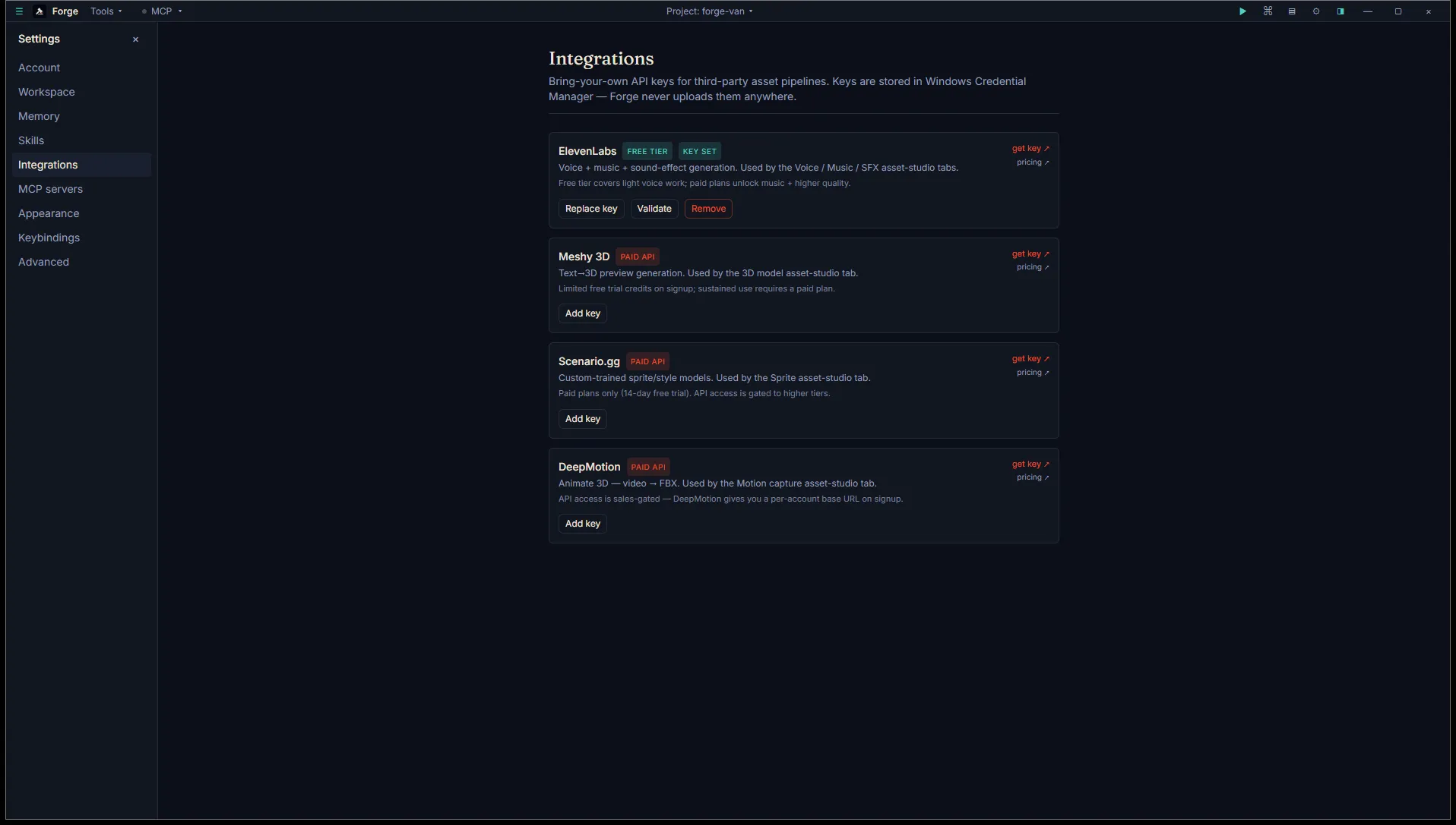 Settings → Integrations with ElevenLabs key set (free tier badge) and Meshy, Scenario, DeepMotion paid-API placeholders