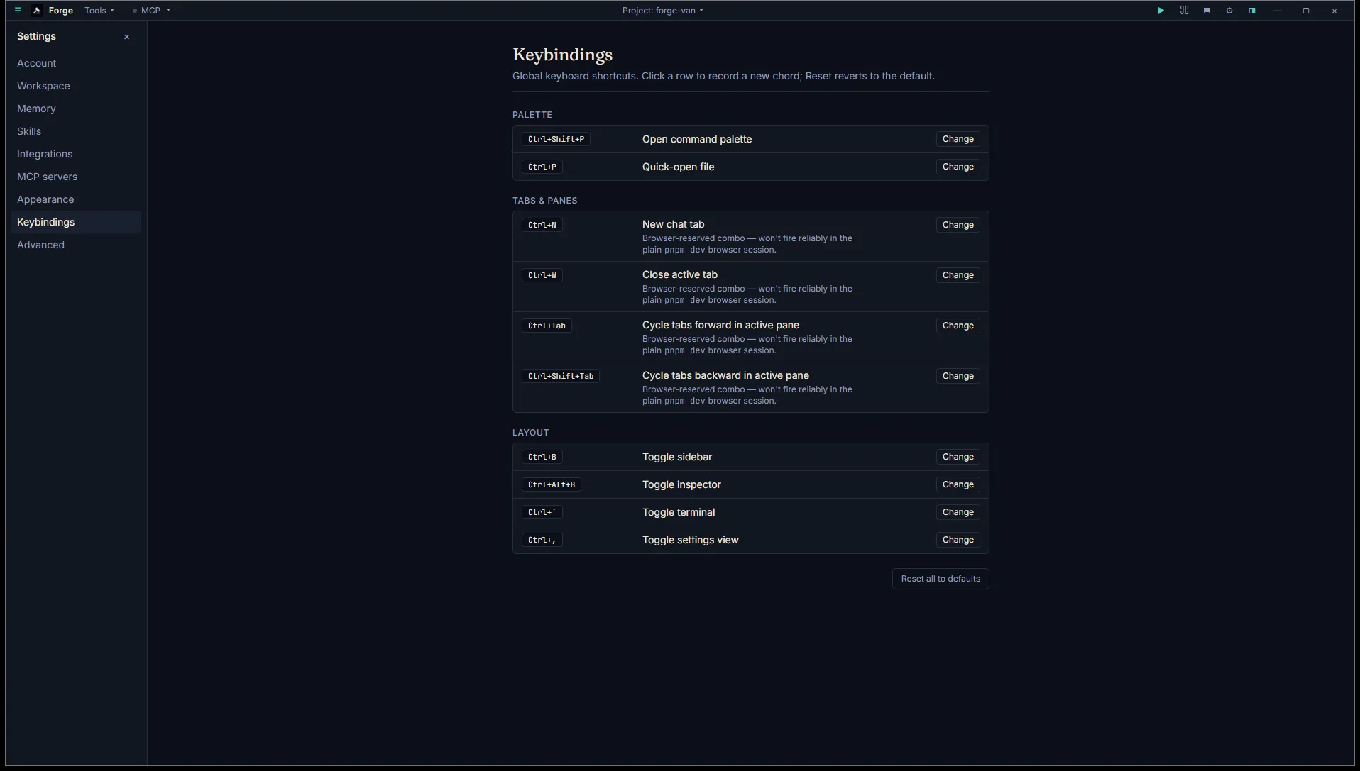 Settings → Keybindings showing the full workspace keymap grouped by Palette / Tabs and Panes / Layout, with the browser-reserved warnings on Ctrl+N, Ctrl+W, Ctrl+Tab, Ctrl+Shift+Tab