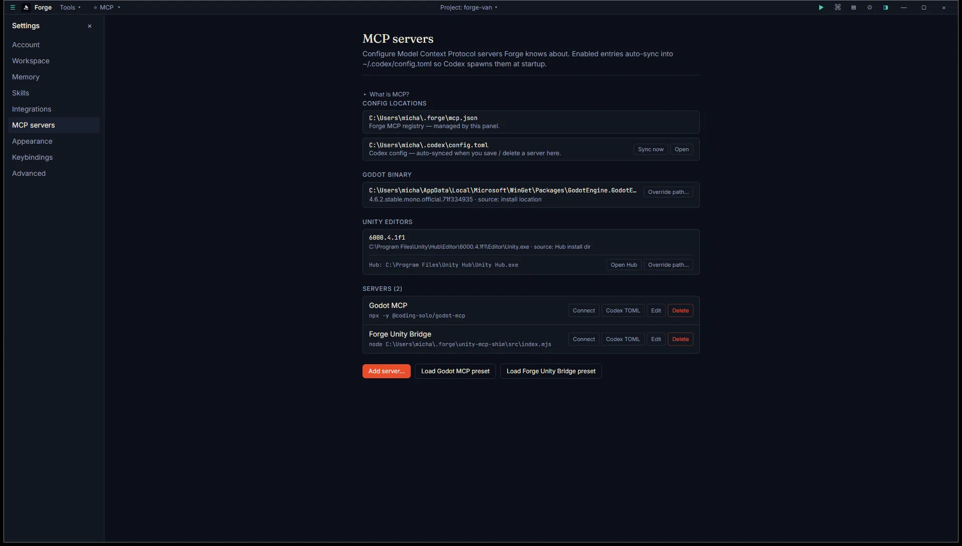 Settings → MCP showing config locations, the Godot binary, the Unity Editor row, both bundled servers configured with Connect / Codex TOML / Edit / Delete, plus Add server and Load preset buttons
