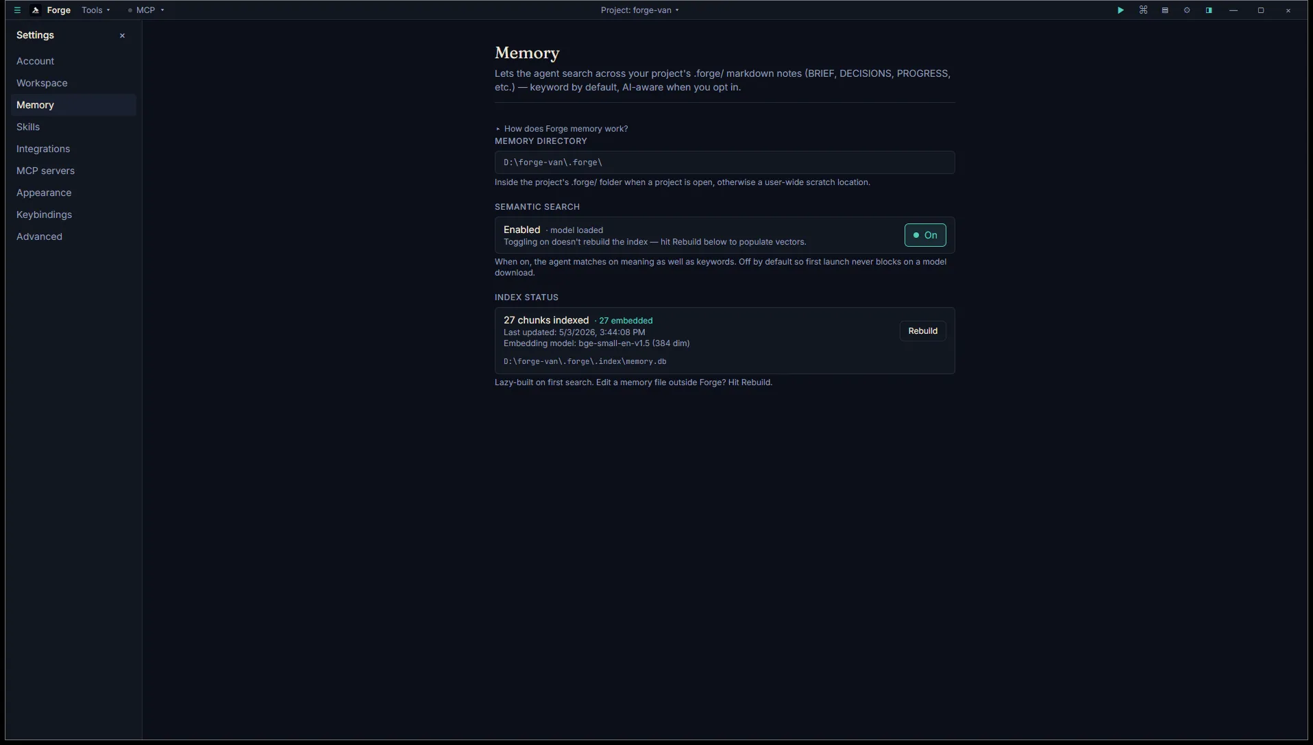 Settings → Memory with semantic search enabled, model loaded, and 27 chunks indexed for the current project