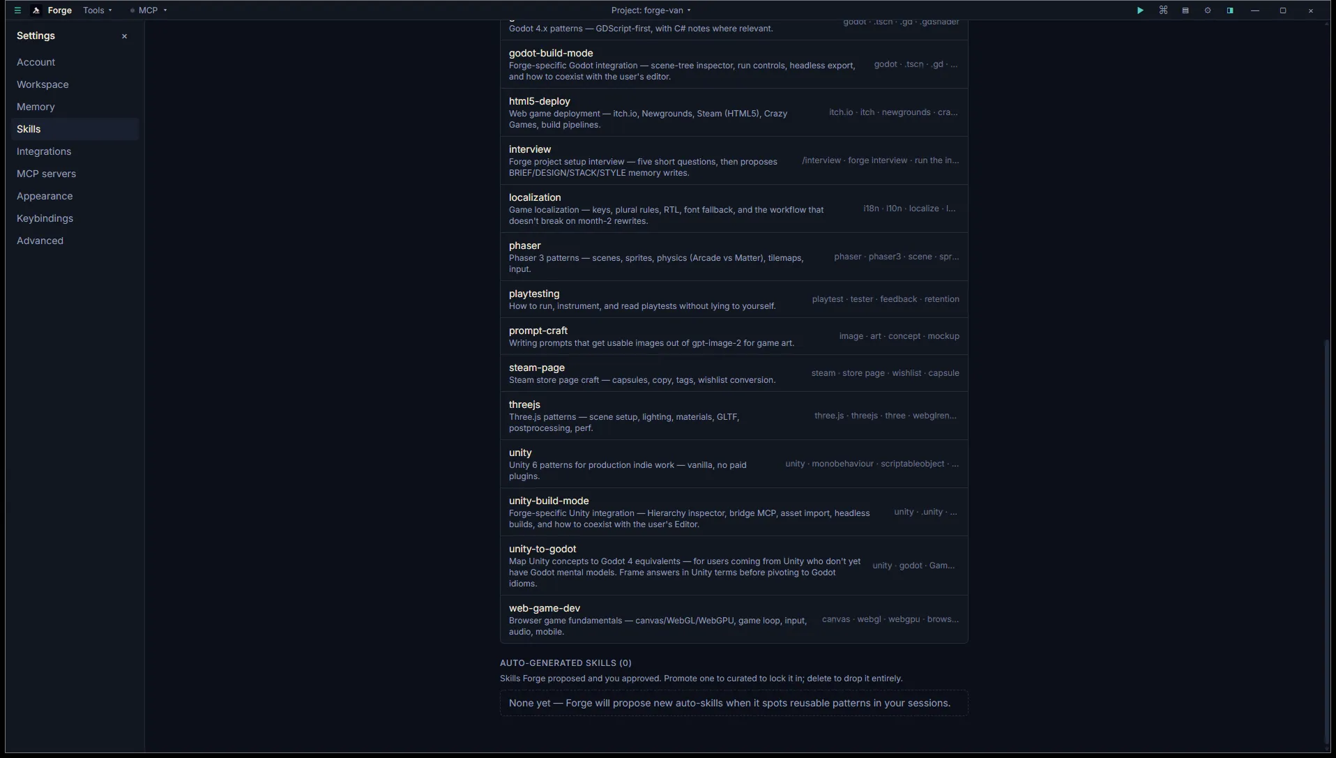 Settings → Skills bottom of list showing the rest of the curated skills and the empty Auto-generated section