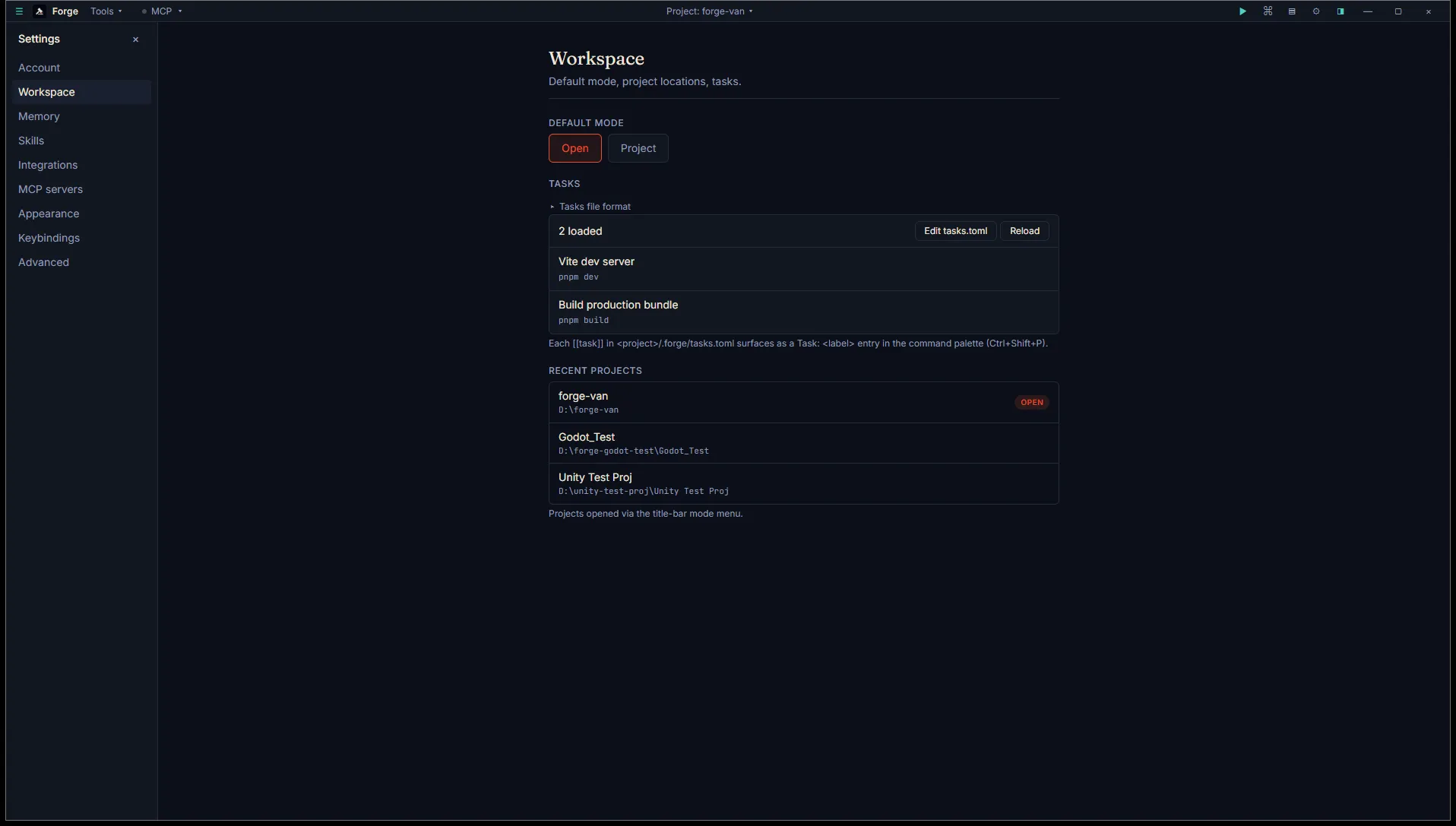 Settings → Workspace with the Open / Project default mode toggle, the loaded tasks list with edit and reload, and the recent projects list