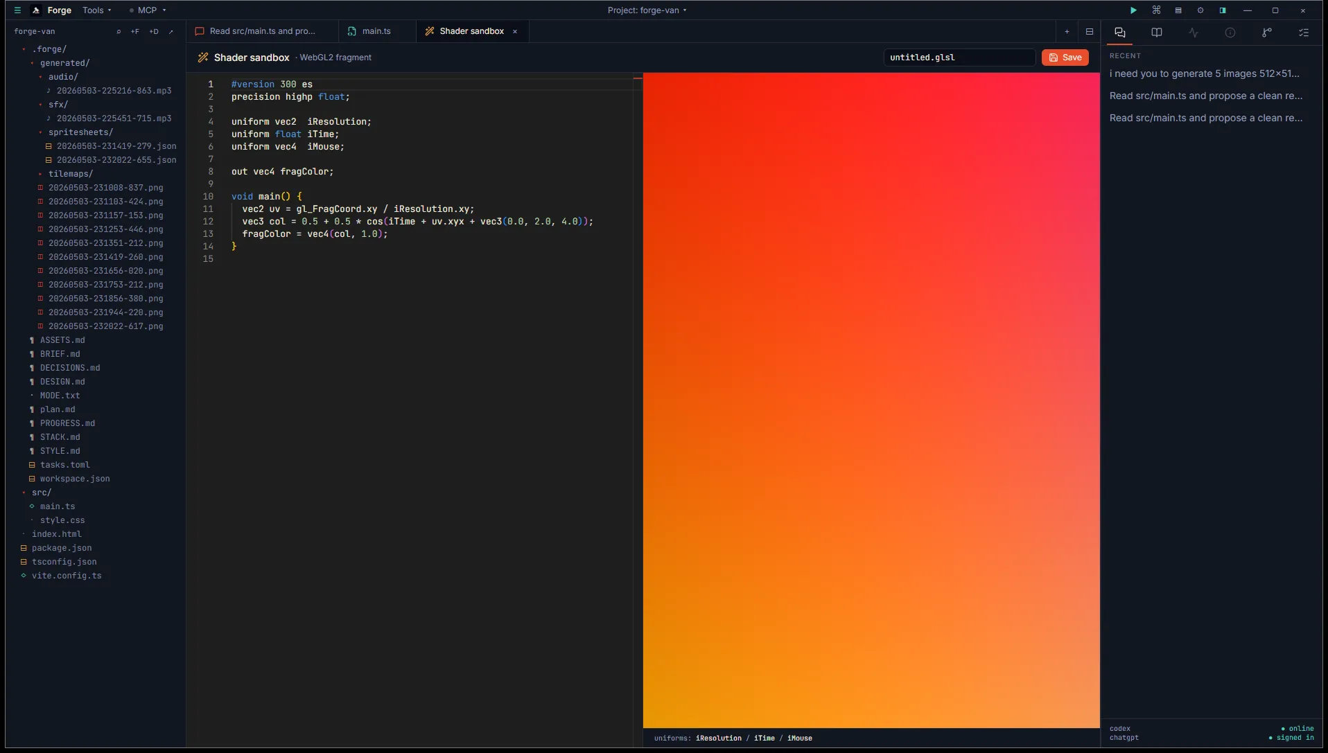 Shader sandbox with a GLSL fragment shader on the left and a vivid orange to pink gradient rendering live on the right