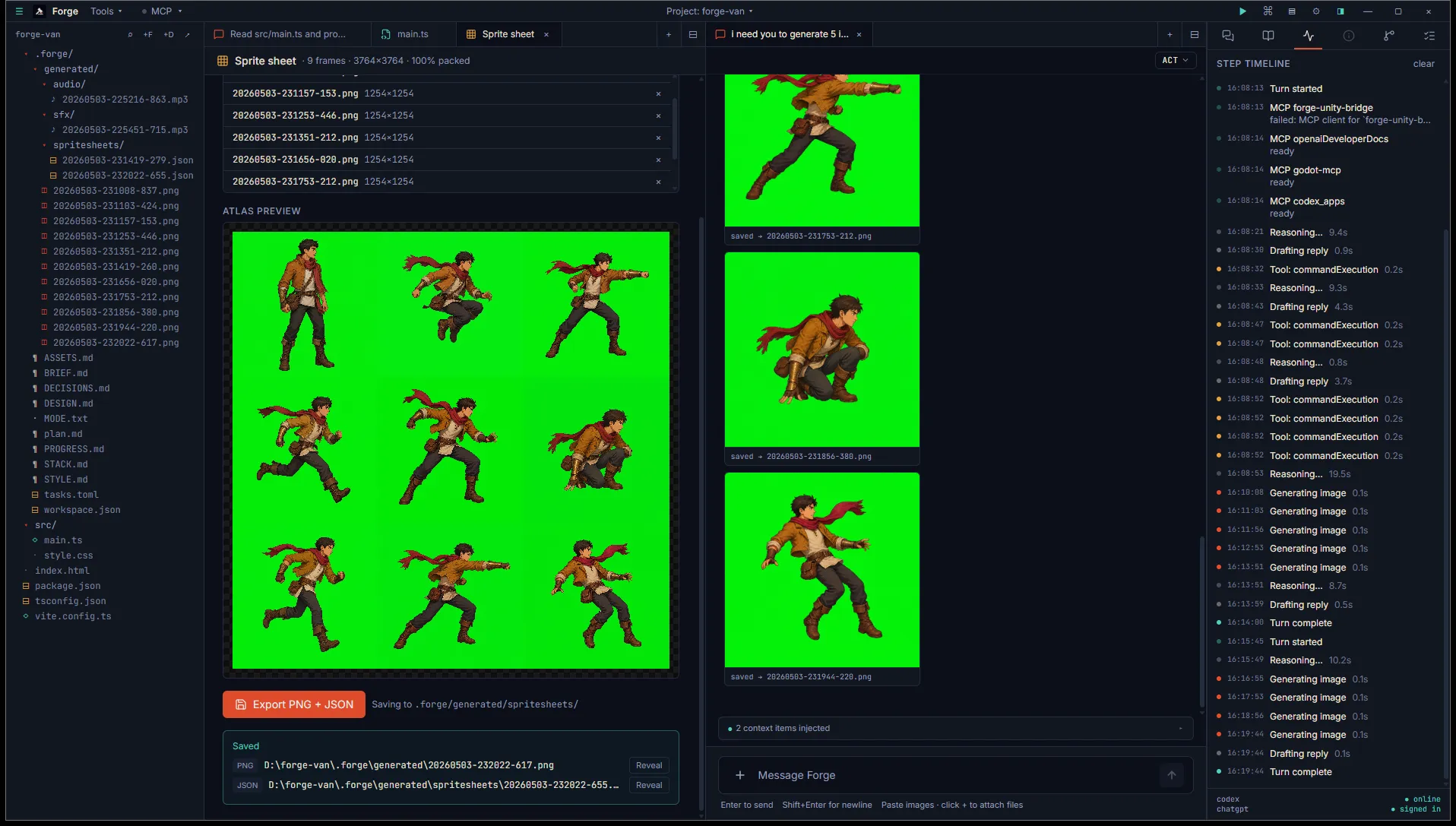 Sprite sheet tool with nine character frames packed into an atlas preview, plus the Export PNG and JSON action