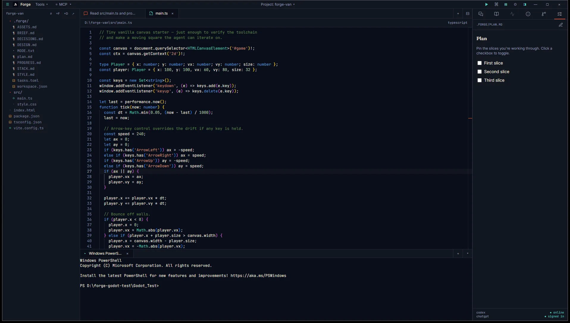 Workspace with the Monaco editor on top and an integrated PowerShell terminal session in the bottom panel
