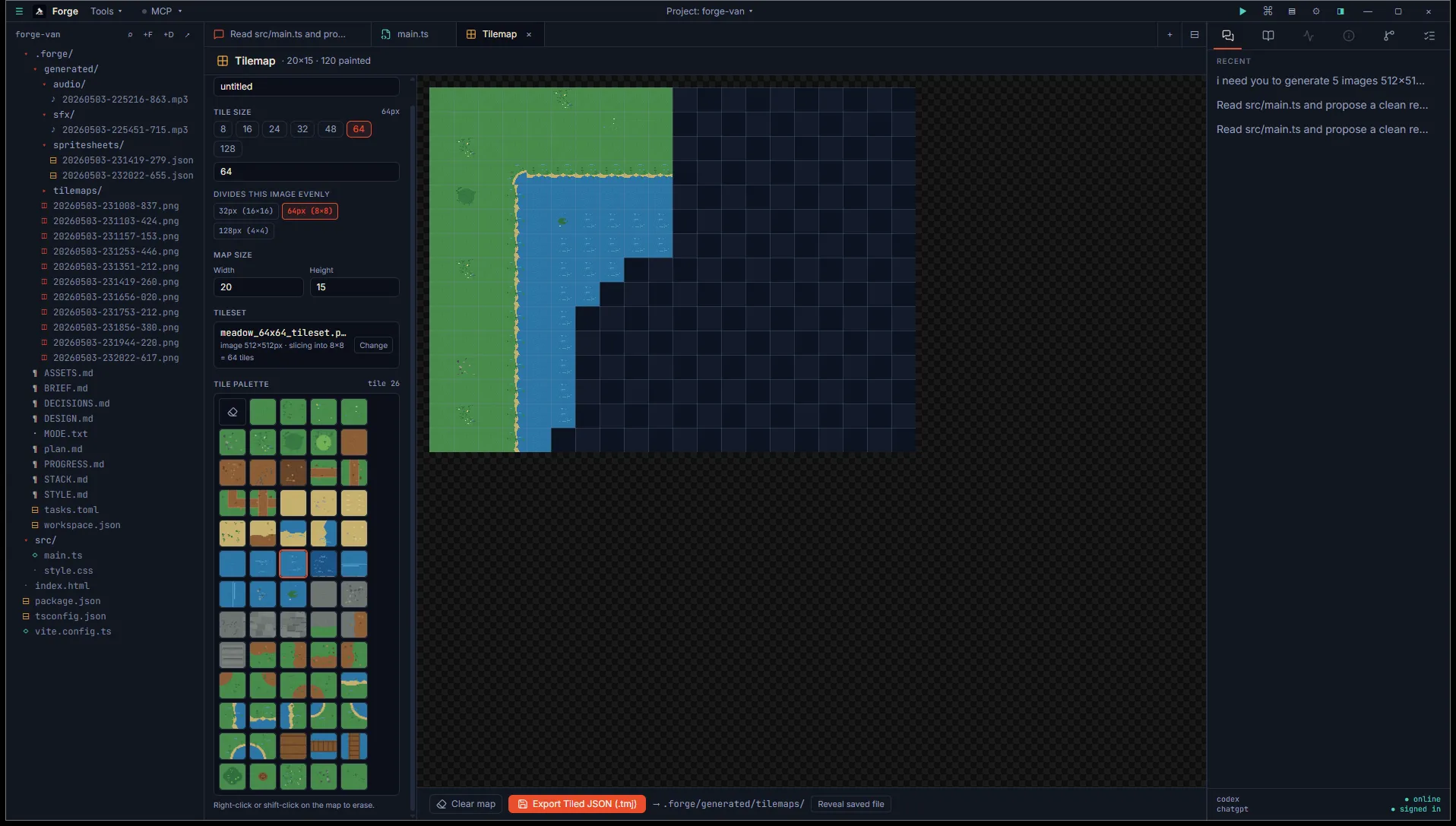 Tilemap tool with a tileset loaded, painted grass + water tiles forming a coastline, and the tile palette grid on the left