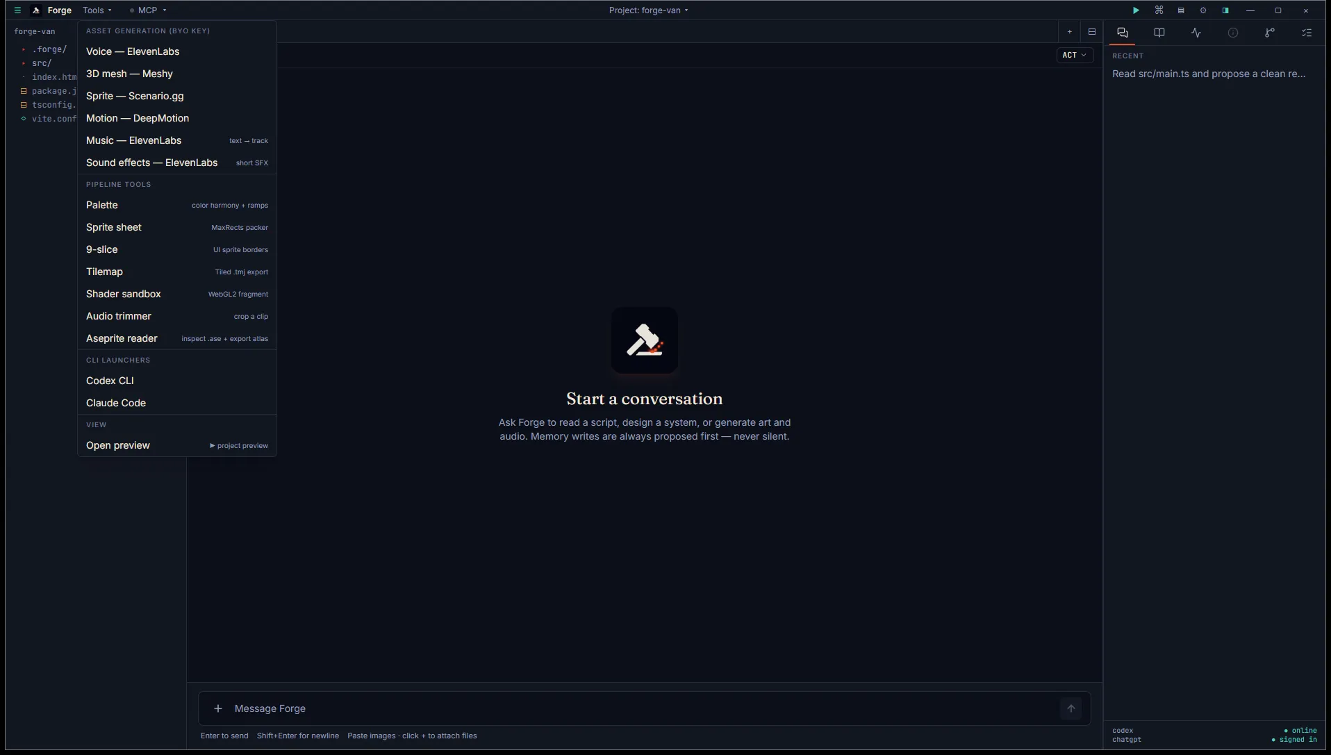 Tools menu open in the title bar showing Asset generation (BYO key), Pipeline tools, CLI launchers, and View groups