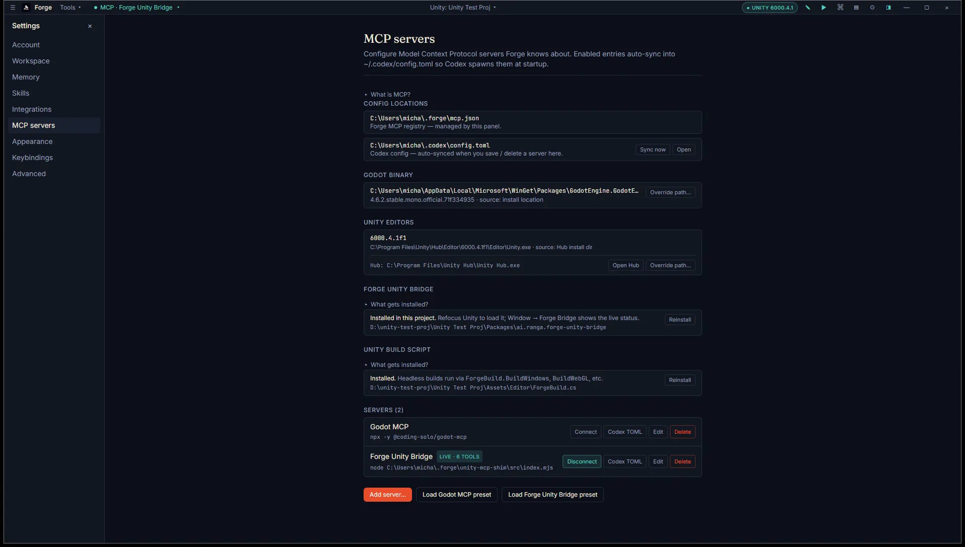 Settings → MCP showing the Unity-specific install sections (Forge Unity Bridge and Unity build script) plus the Forge Unity Bridge server row marked LIVE with a Disconnect button