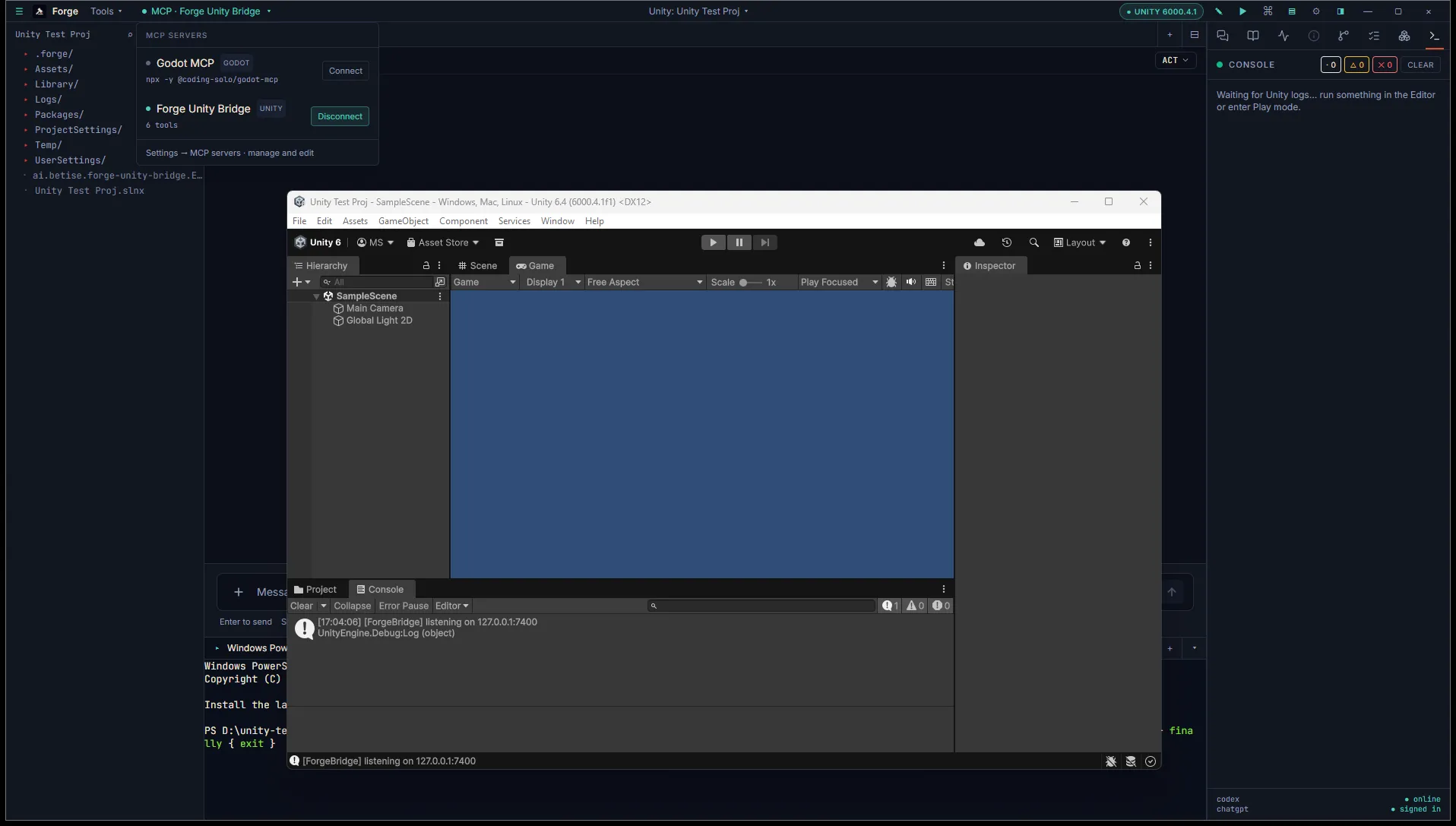 Forge in Unity mode: UNITY 6000.4.1 pill in the title bar, Forge Unity Bridge connected via MCP, Unity Editor visible in the foreground with the bridge's "listening on 127.0.0.1:7400" log line