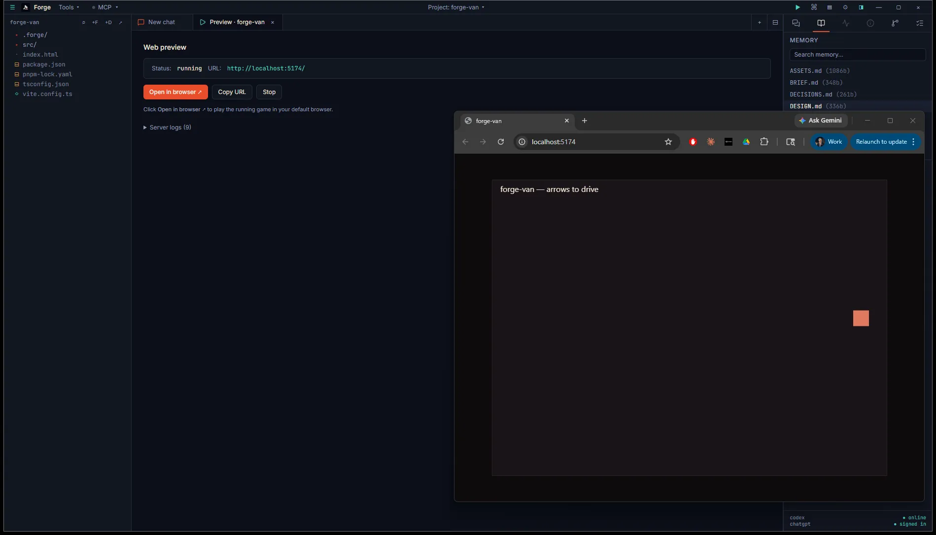 Forge running a Three.js dev server — Preview tab shows status running and the URL, browser window shows the rendered scene